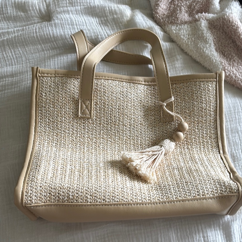Beige Woven Tote Bag